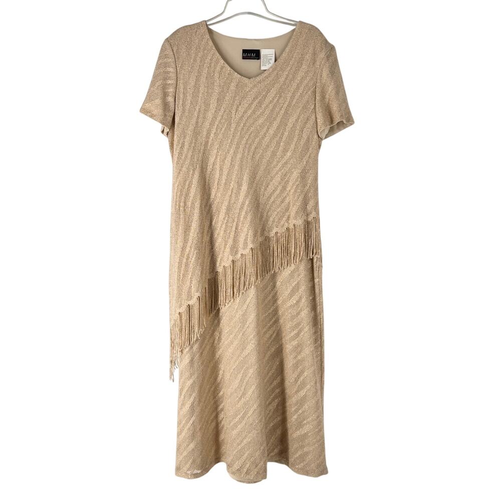 Vintage Gold Metallic Asymmetrical Fringe Dress Y2K Size 16